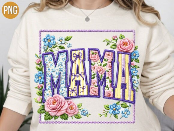 Mama Floral Embroidery Frame PNG T-SHIRT